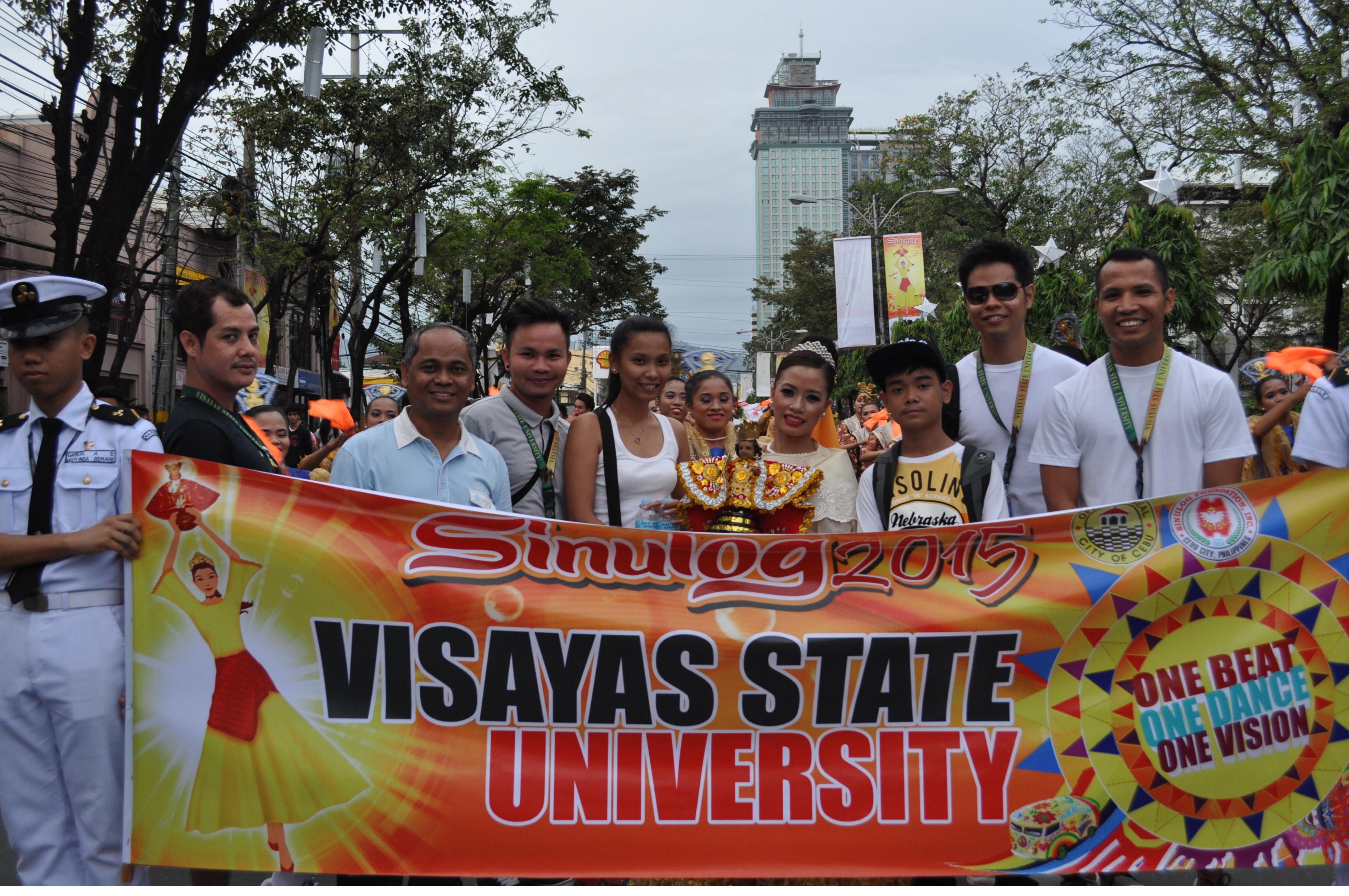 (Left Photo) Some BSED students of the Visayas State University dancing the Sinulog at the Cebu City Sports Complex during the opening salvo of the Sinulog 2015. (Right Photo) Some of the VSU delegation posing during the street dancing parade.